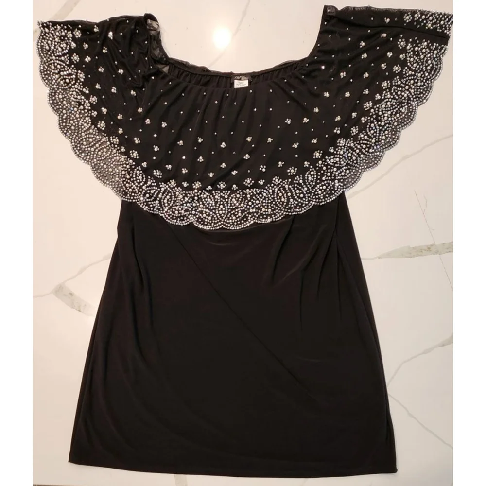 S. Levine Women 3X Black Cocktail Dress Pearl Beaded Cape Overlay Evening Dress - Picture 7 of 10